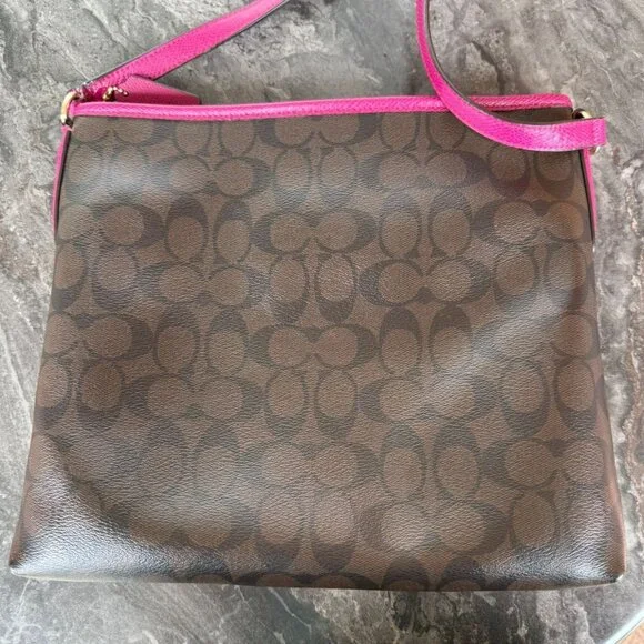 Coach Signature Crossbody File Bag Brown Black Cranberry Pink Leather Trim Gold